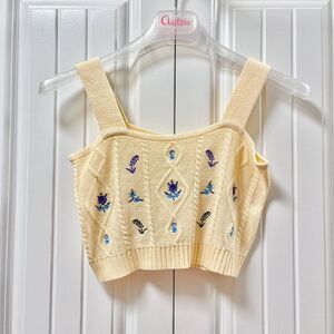 Knit Cottage Core Crop Top Cream - S